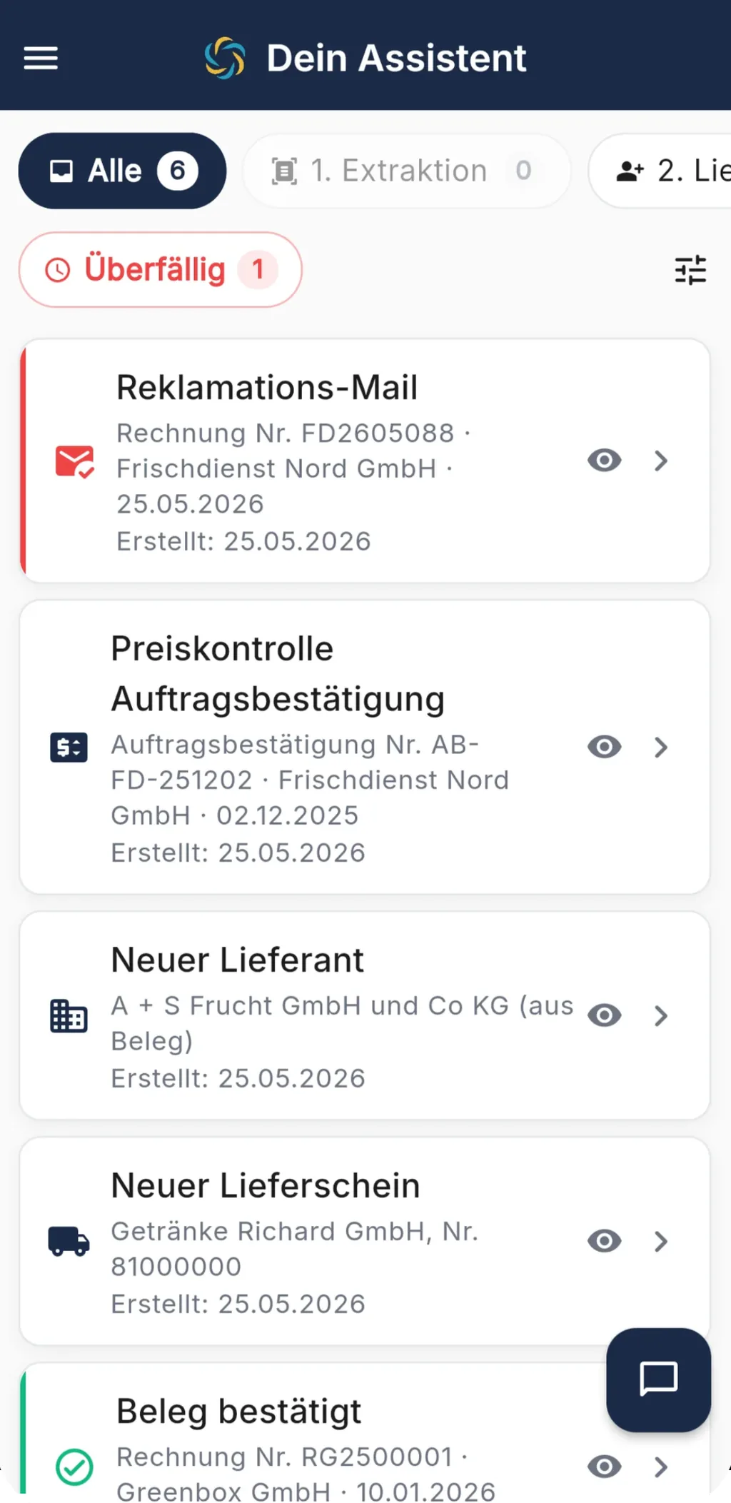 Aufgabenliste des RechnungsWächter-Assistenten mit offenen Prüfaufgaben