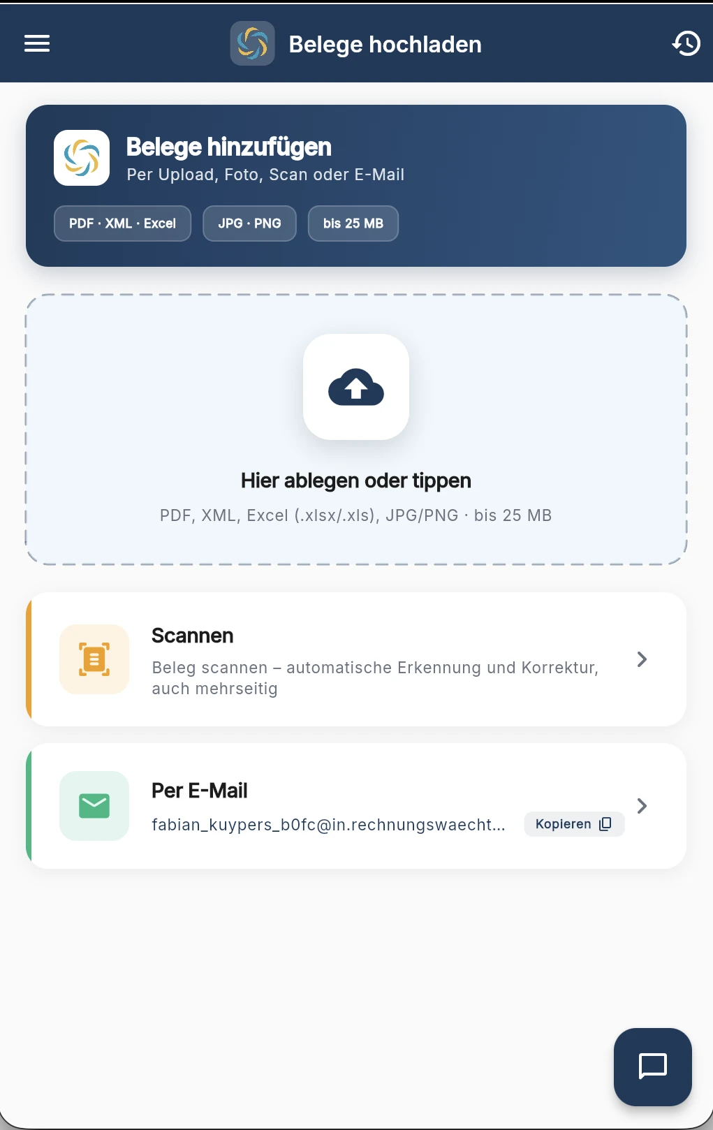 RechnungsWächter App-Screenshot zum Hochladen von Belegen per Scan oder E-Mail