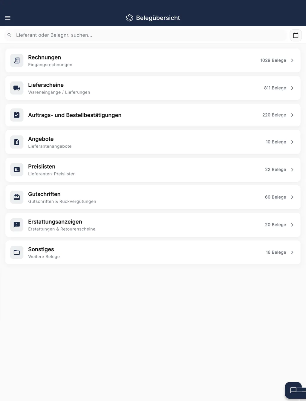 Belegübersicht in RechnungsWächter, sortiert nach Rechnungen, Lieferscheinen, Angeboten, Preislisten und Gutschriften