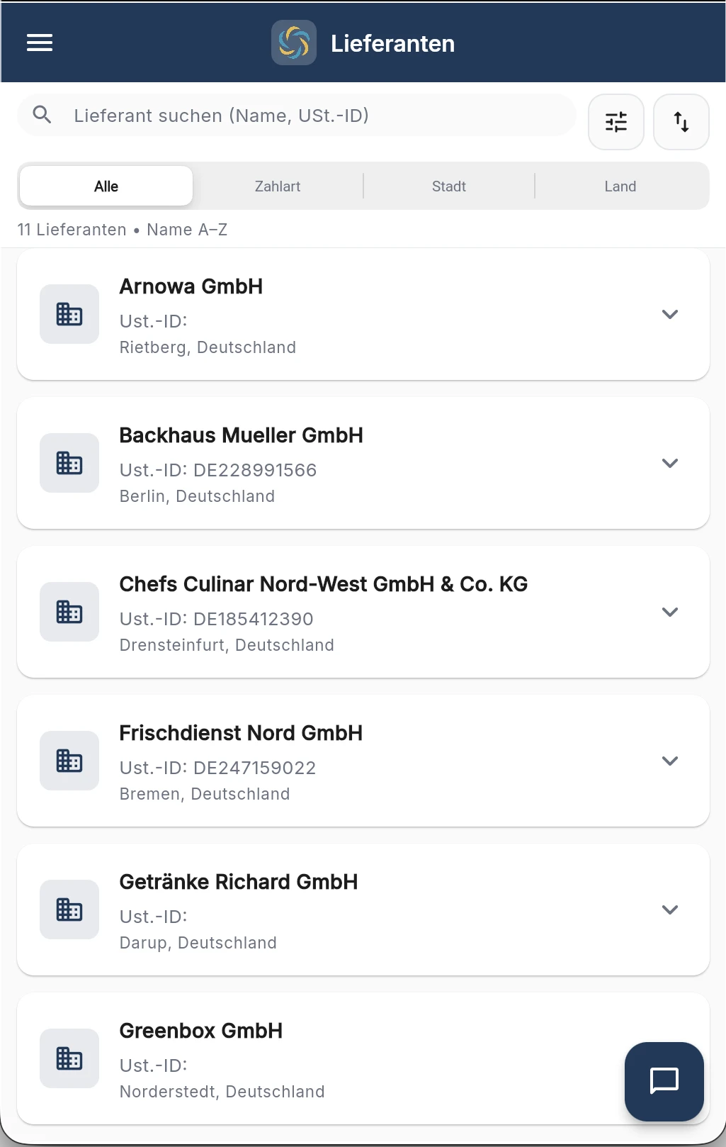 RechnungsWächter App-Screenshot der Lieferantenverwaltung für Restaurants
