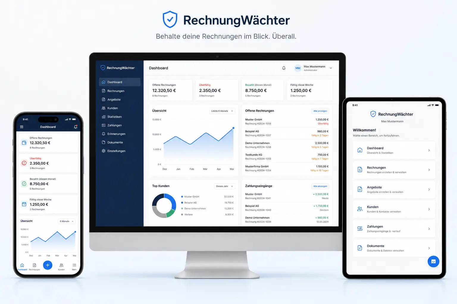 RechnungsWächter Dashboard auf Desktop, Smartphone und Tablet