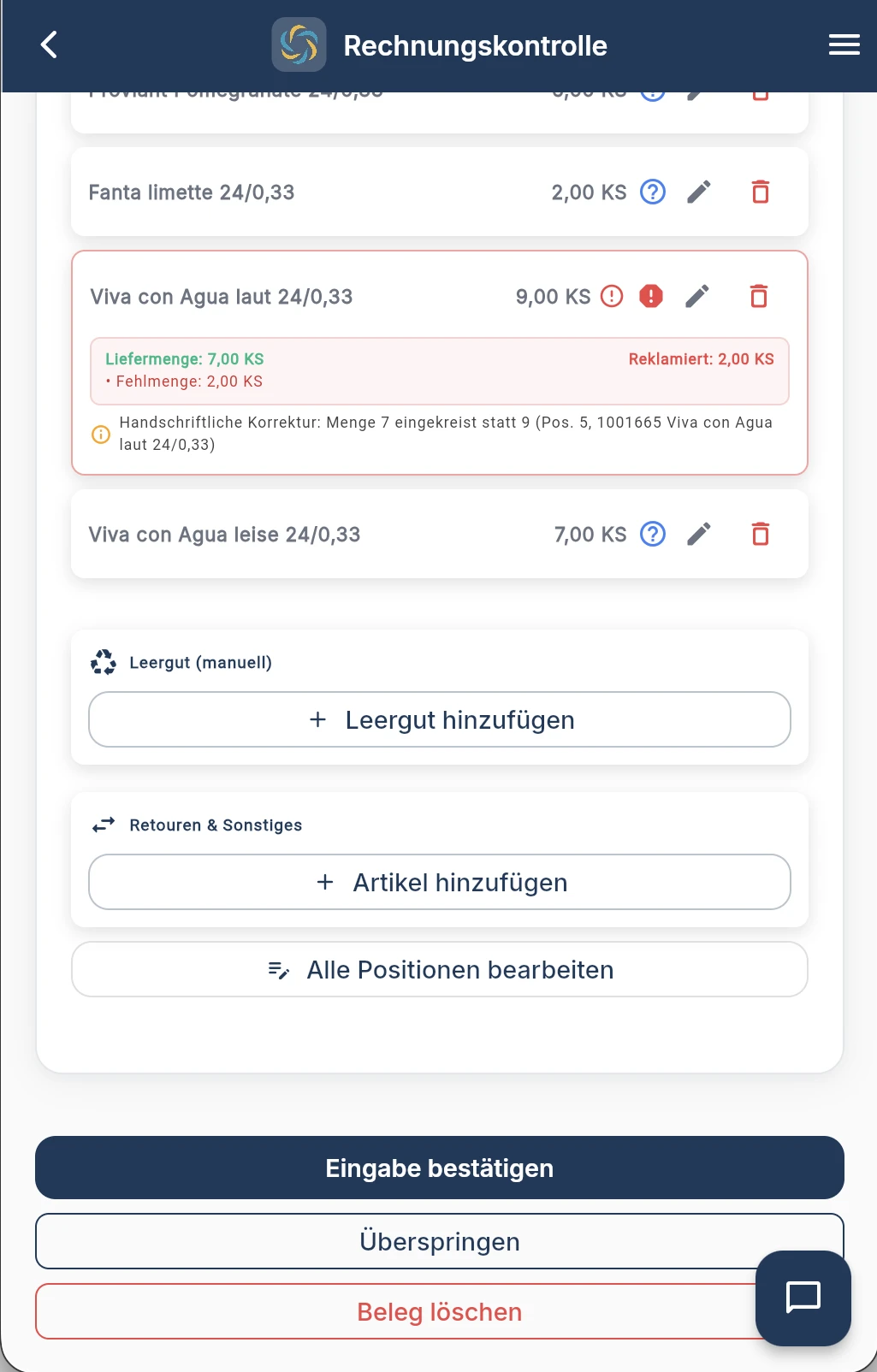 RechnungsWächter App-Screenshot zur Bearbeitung von Rechnungspositionen und Preisabweichungen