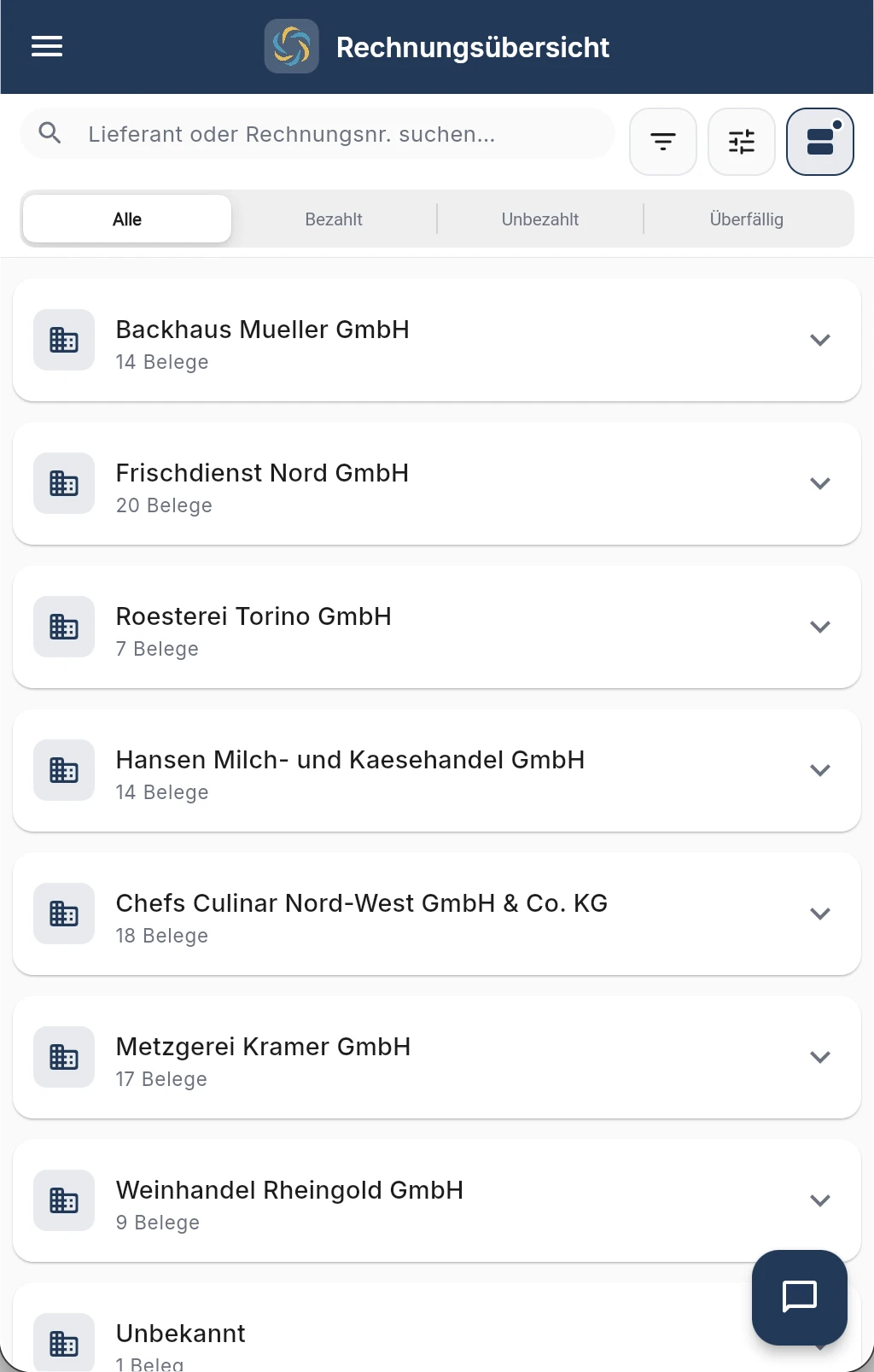 RechnungsWächter App-Screenshot mit Rechnungsübersicht für Lieferanten und DATEV-Export