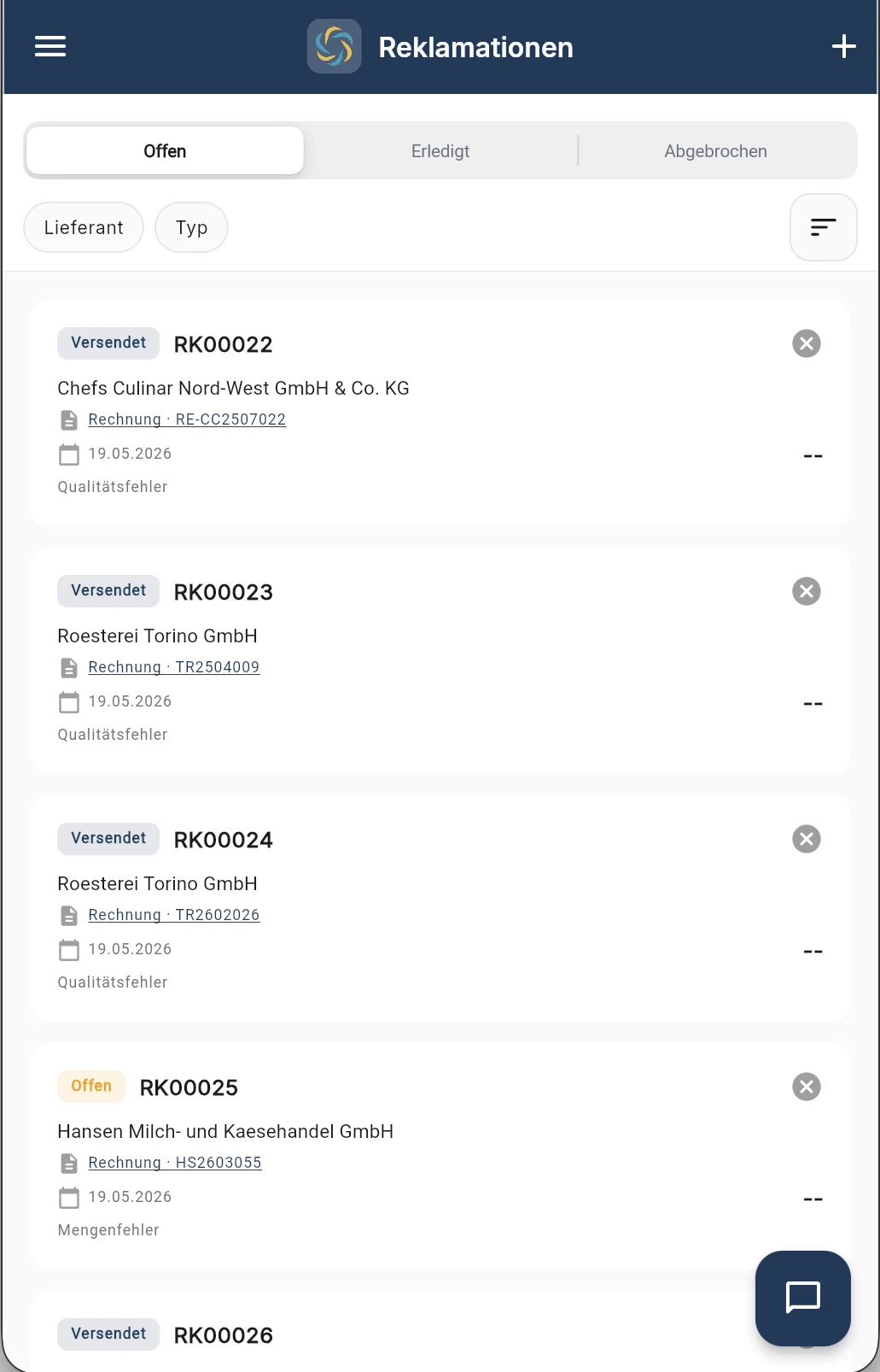 RechnungsWächter App-Screenshot mit Reklamationen nach Lieferanten und Wiedervorlagen