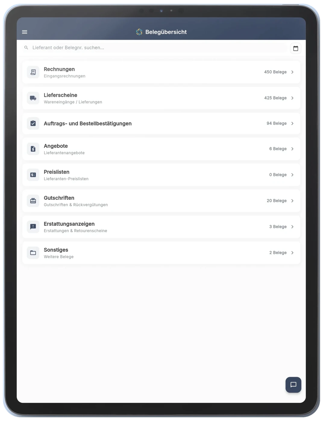 RechnungsWächter App-Screenshot mit Rechnungsübersicht für Lieferanten und DATEV-Export