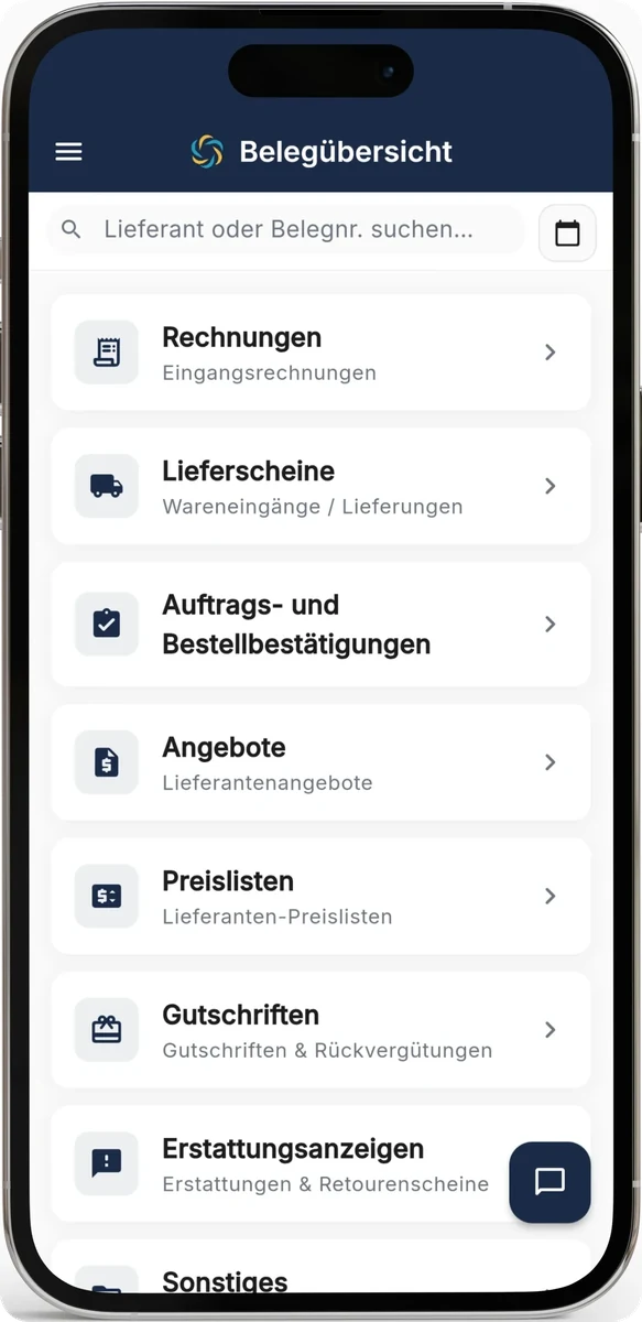 RechnungsWächter iPad-Mockup mit Belegübersicht und Dokumentarten