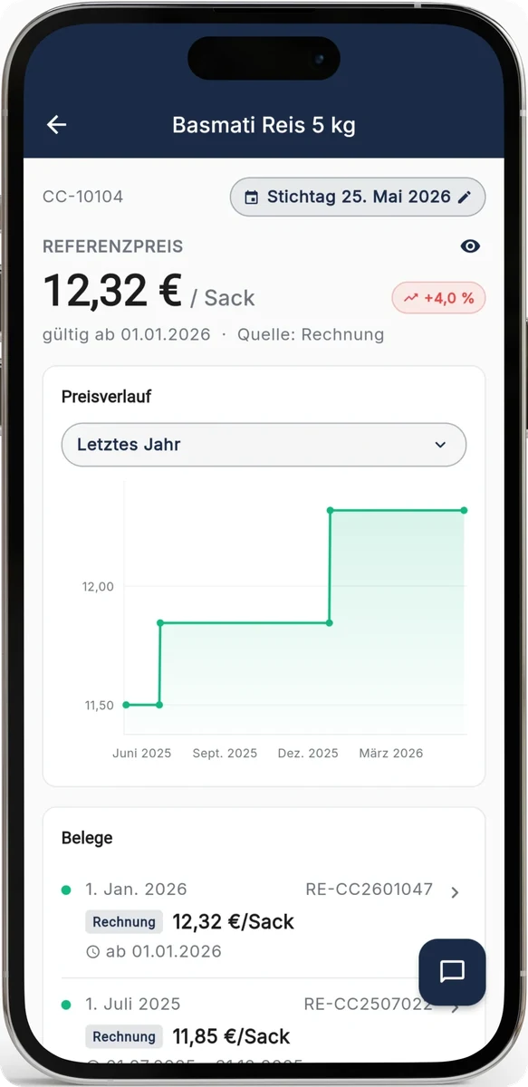 RechnungsWächter iPhone-Mockup mit Preisentwicklung und Artikelpreis-Verlauf