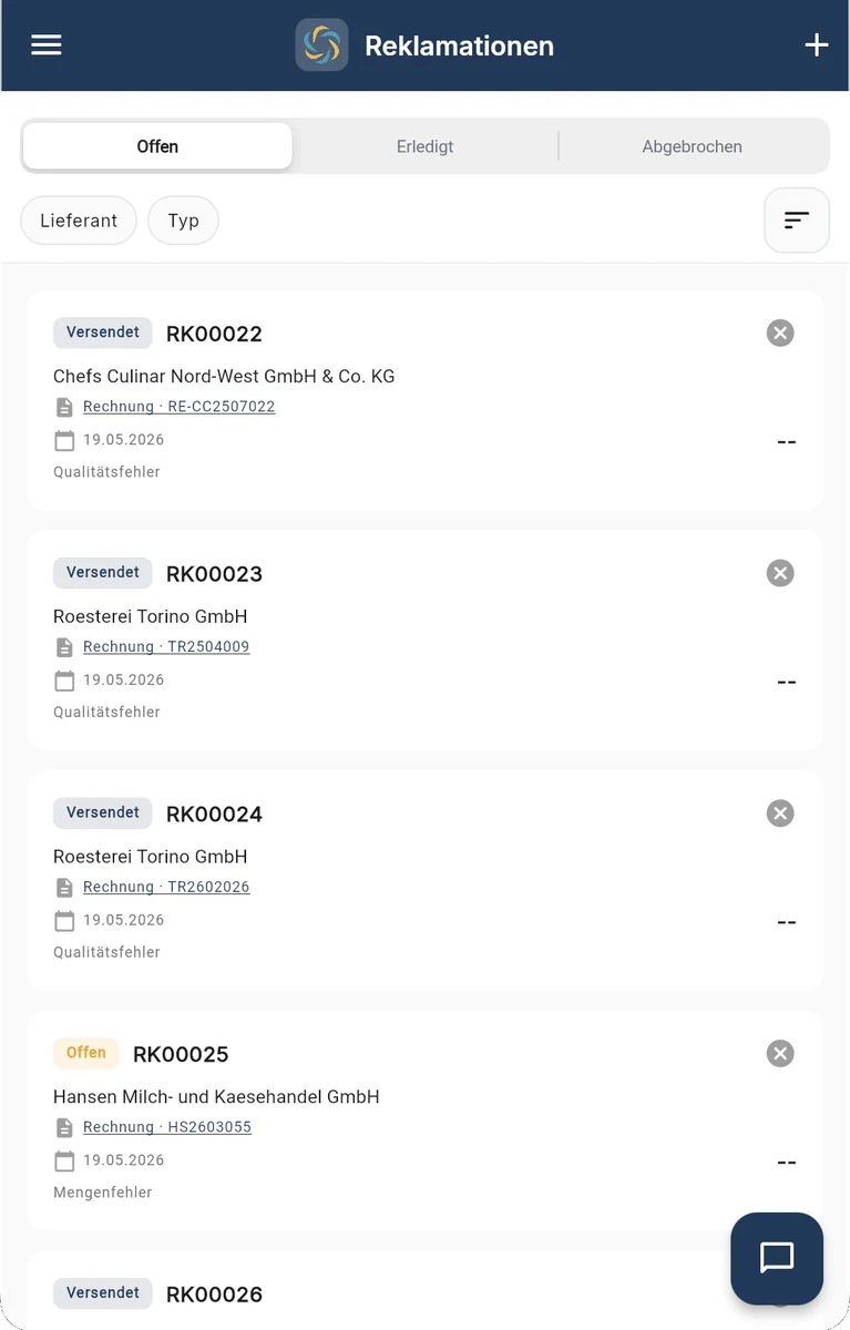 RechnungsWächter App-Screenshot mit Reklamationen nach Lieferanten