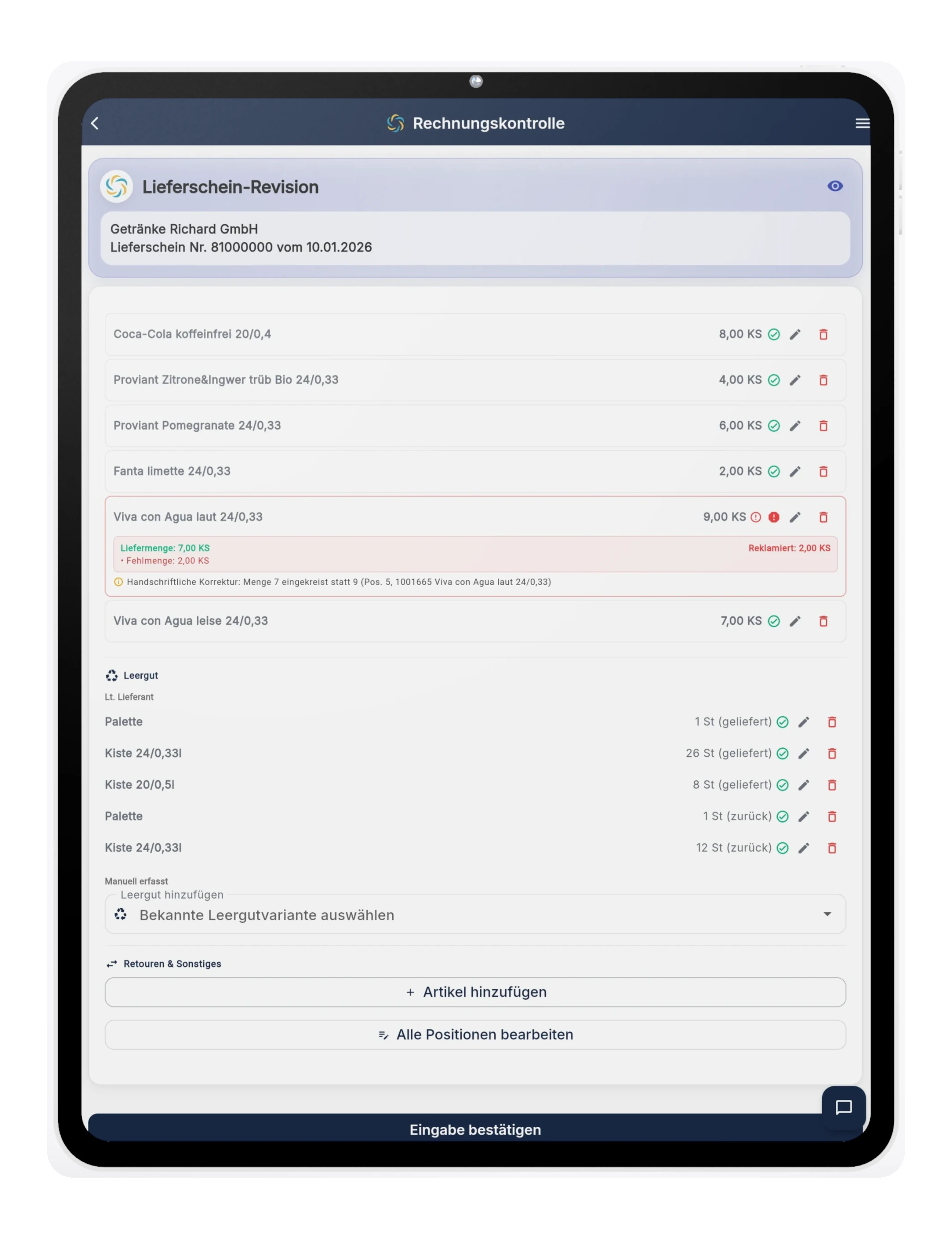 RechnungsWächter App-Screenshot zum Abgleich von Rechnung und Lieferschein mit Mengenabweichung