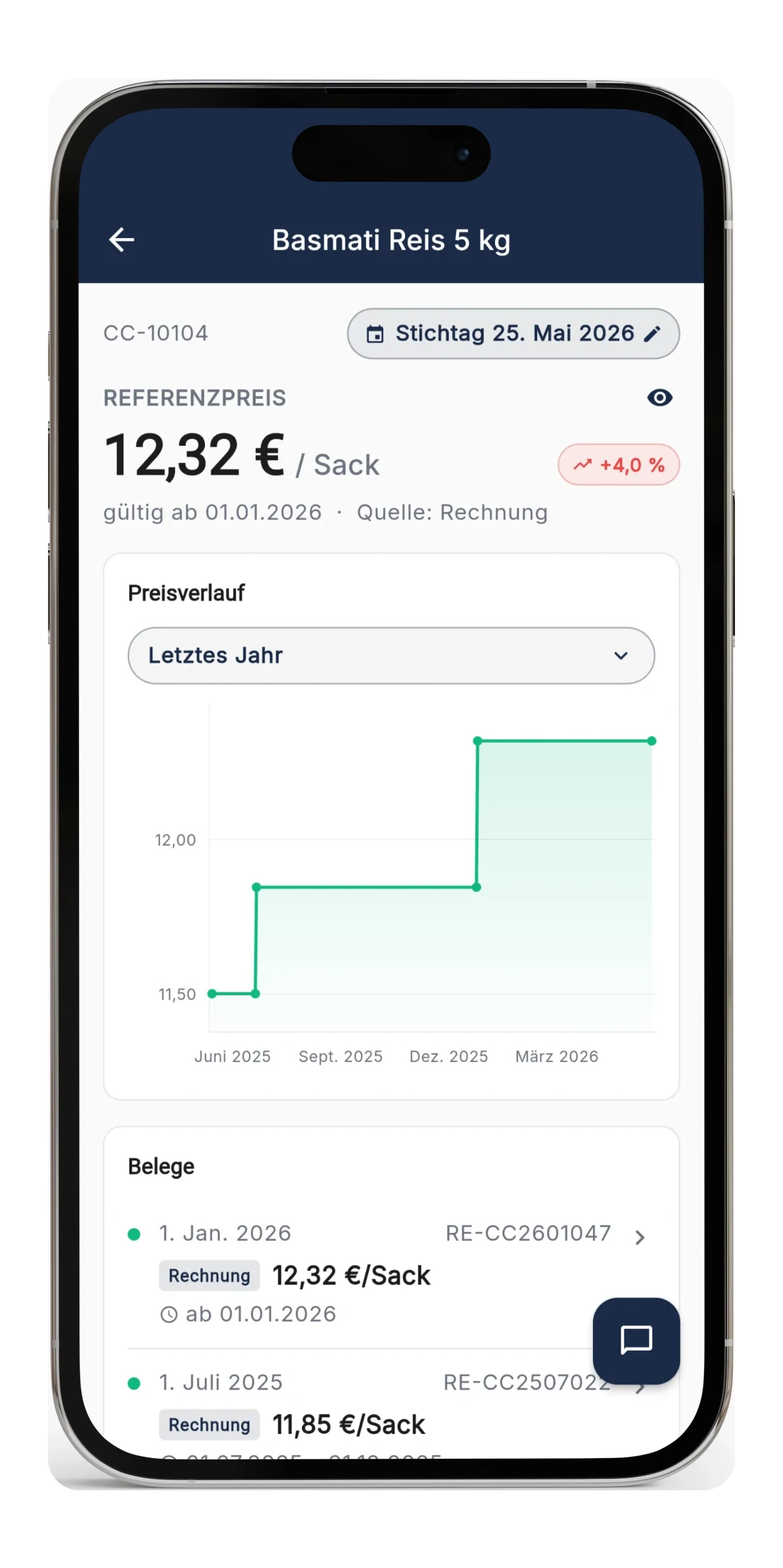 RechnungsWächter App-Screenshot mit Preisentwicklung pro Artikel über die Zeit in der Gastronomie