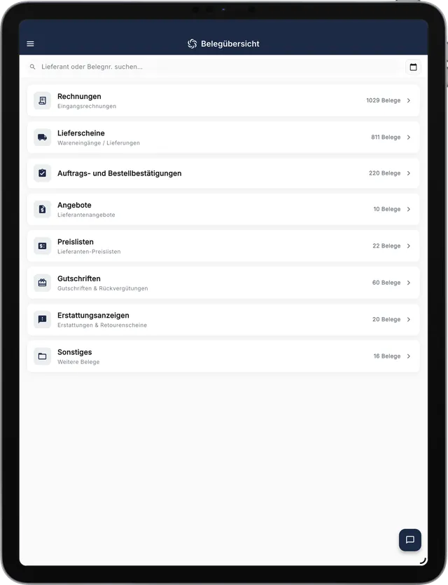 RechnungsWächter auf dem Tablet: Liste der eingegangenen Belege, sortiert nach Dokumentart