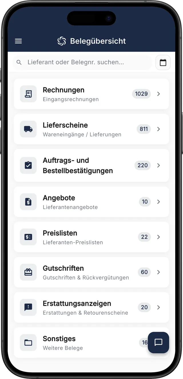 RechnungsWächter auf dem Smartphone: Belegübersicht nach Dokumentarten für die Übergabe an den Steuerberater