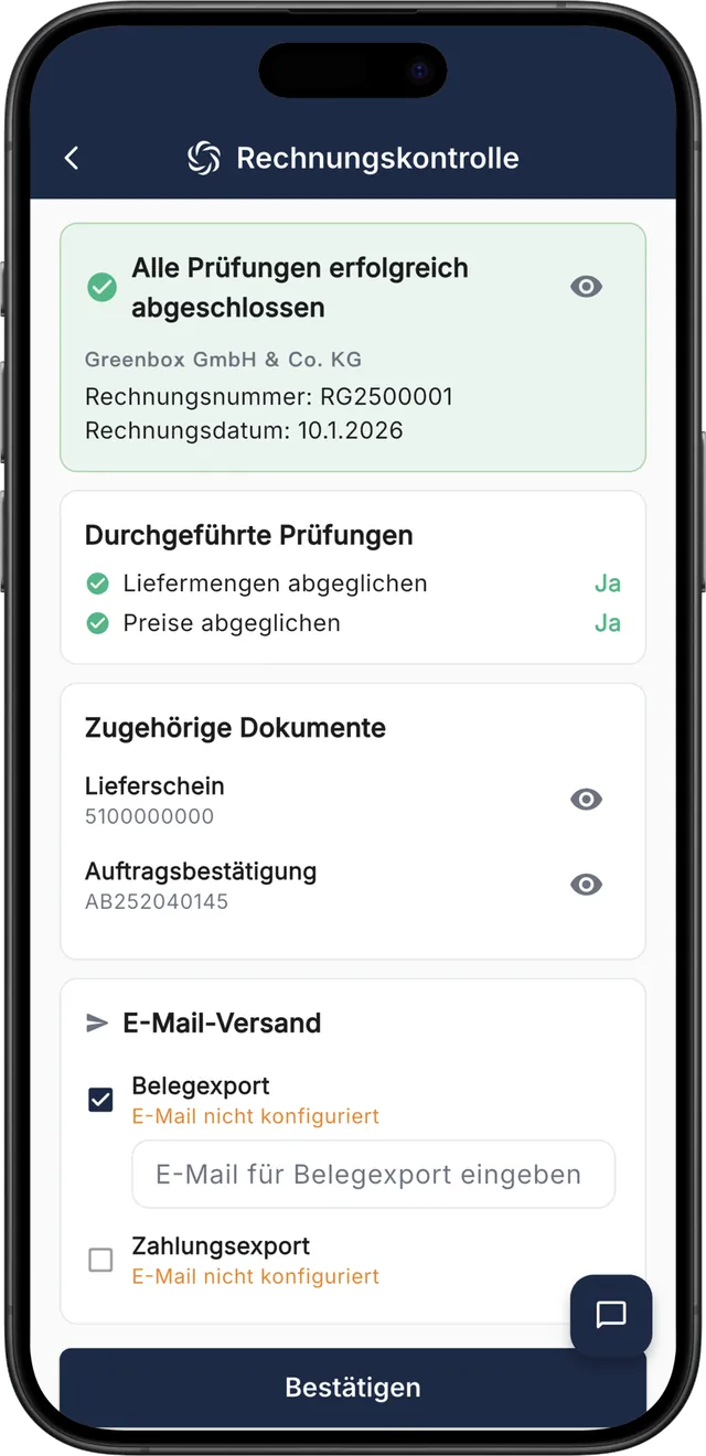 RechnungsWächter auf dem Smartphone: Rechnungsprüfung mit allen Prüfungen abgeschlossen und zugehörigen Dokumenten