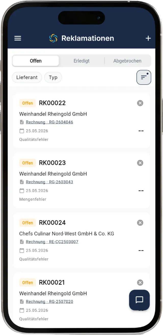 RechnungsWächter auf dem Smartphone: offene Reklamationen je Lieferant mit Status